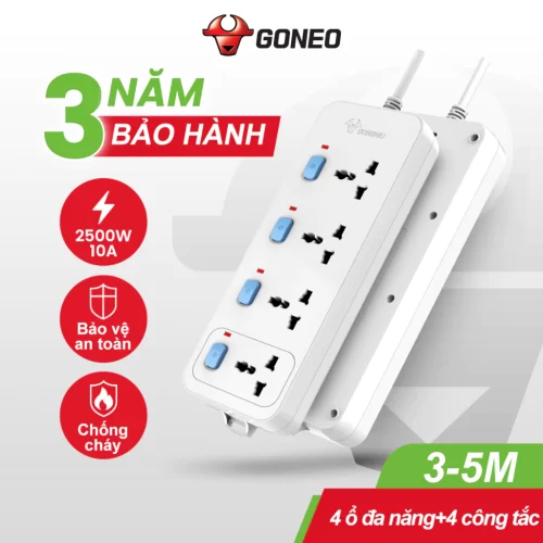Ổ Cắm Điện Chống Cháy GONEO 4 Ổ Đa Năng 4 Công Tắc – 2500W – N3040