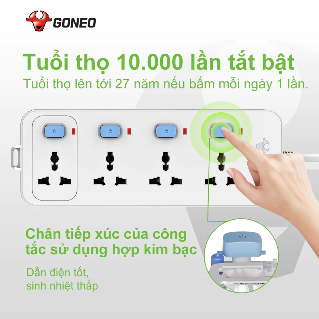 Ổ Cắm Điện Chống Cháy GONEO 4 Ổ Đa Năng 4 Công Tắc – 2500W – N3040