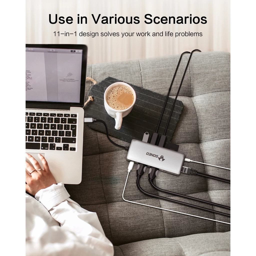 HUB GONEO 11 in 1 USB-C Docking Station, DEX với 2 cổng HDMI 4K, Sạc Nhanh Chuẩn PD 100W ,5Gbps USB-C,1000Mbps Ethernet Port,USB C Dongle for MacBook, Dell XPS, Samsung Galaxy