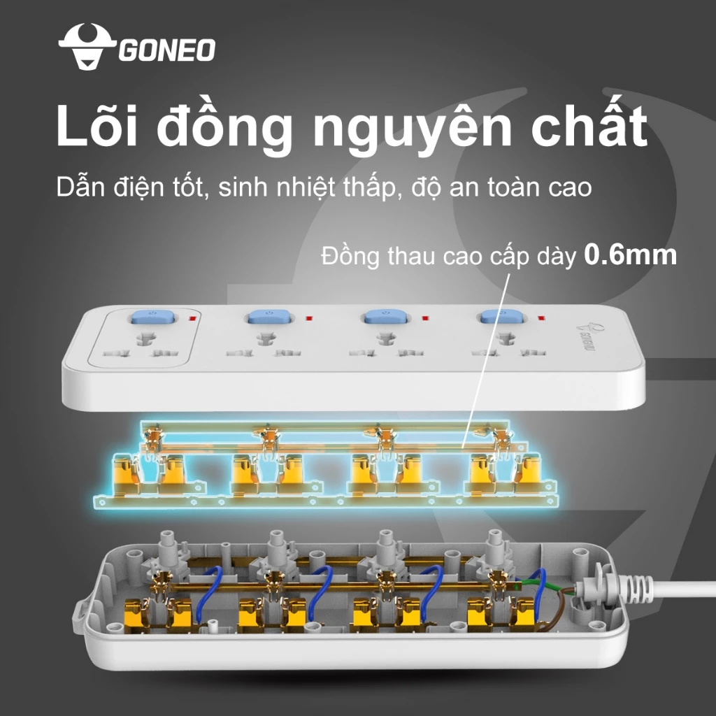 Ổ Cắm Điện Chống Cháy GONEO 4 Ổ Đa Năng 4 Công Tắc – 2500W – N3040