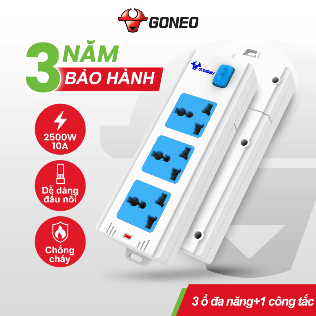Ổ Cắm Điện Chống Cháy GONEO 3 Ổ Đa Năng 1 Công Tắc - 2500W – 413K - Nâng Cấp
