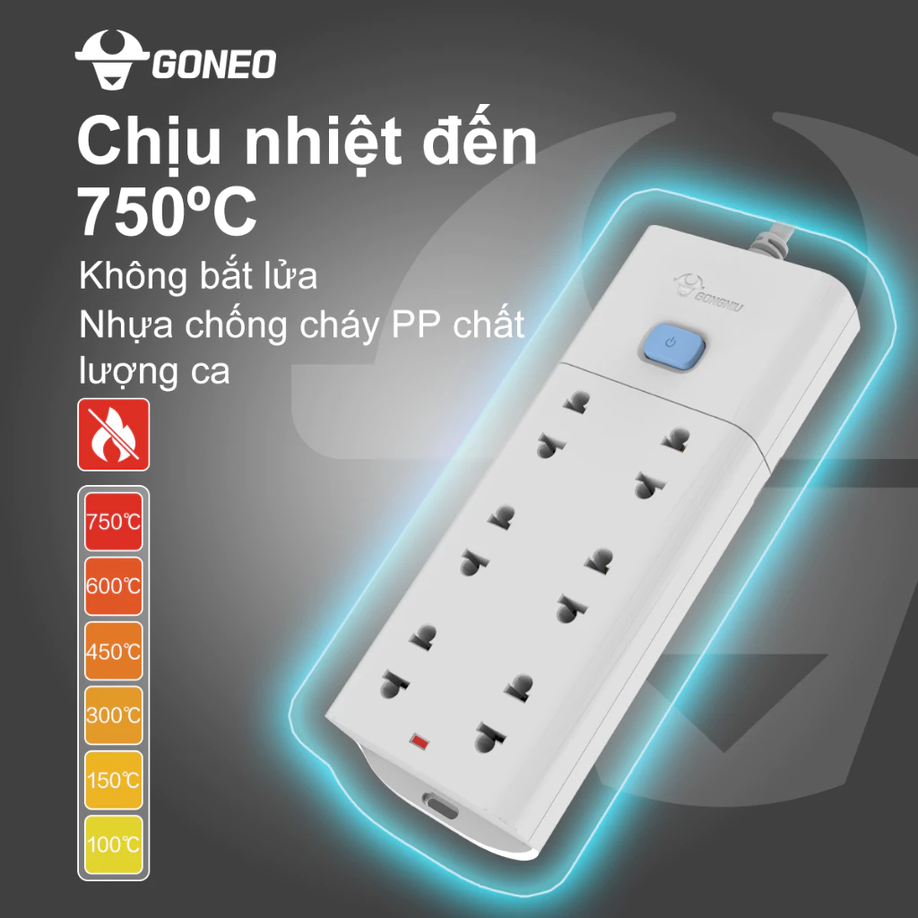 Ổ Cắm Điện Chống Cháy GONEO Đa Năng 6 Ổ 1 Công Tắc 2500W – V1060