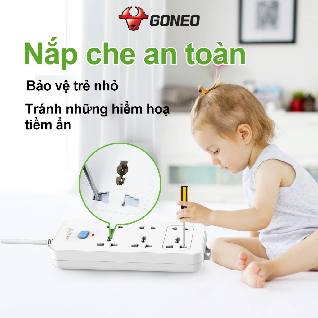 Ổ Cắm Điện Chống Cháy Gongniu 6 Ổ Đa Năng 1 Công Tắc 2500W – N1330