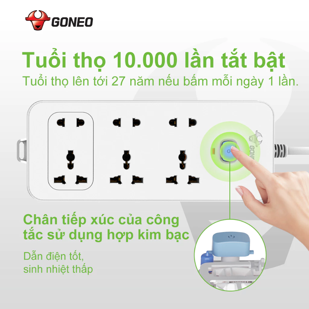 Ổ Cắm Điện Chống Cháy Gongniu 6 Ổ Đa Năng 1 Công Tắc 2500W – N1330