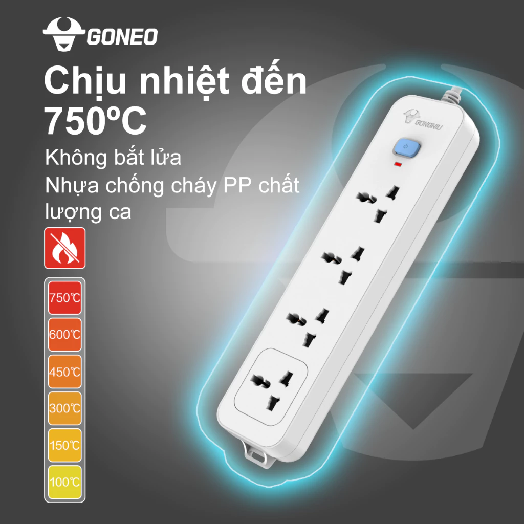 Ổ Cắm Điện Chống Cháy GONEO 4 Ổ Đa Năng 1 Công Tắc 2500W – N1040