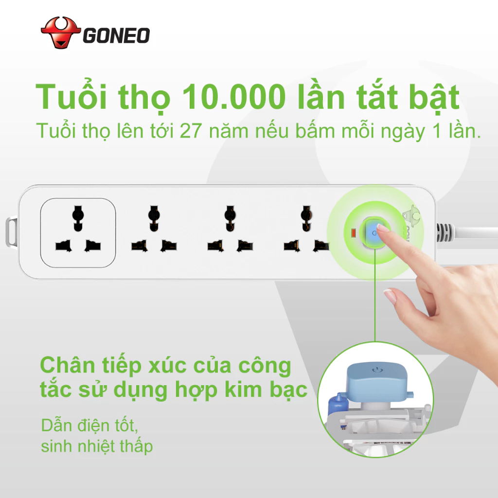 Ổ Cắm Điện Chống Cháy GONEO 4 Ổ Đa Năng 1 Công Tắc 2500W – N1040