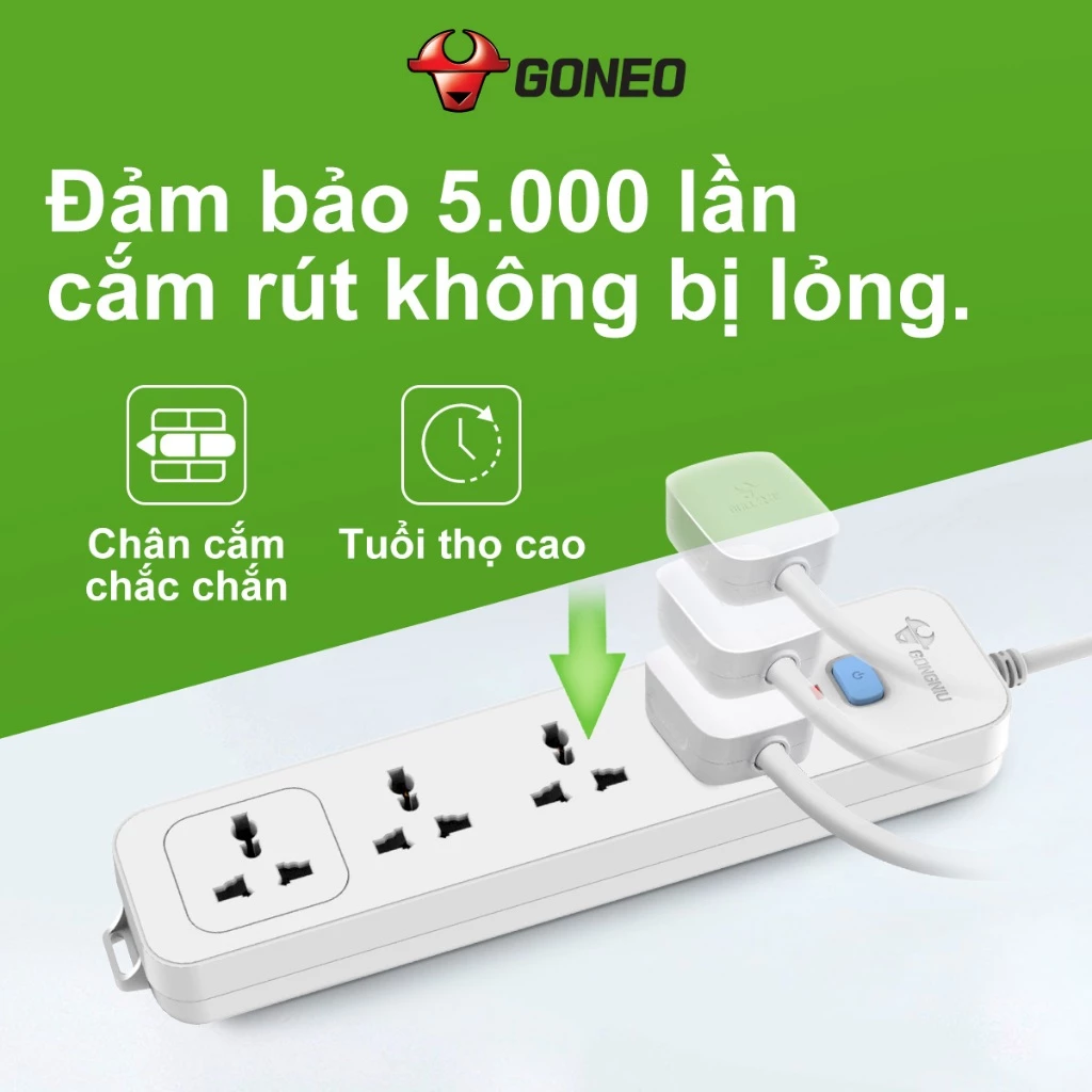 Ổ Cắm Điện Chống Cháy GONEO 4 Ổ Đa Năng 1 Công Tắc 2500W – N1040