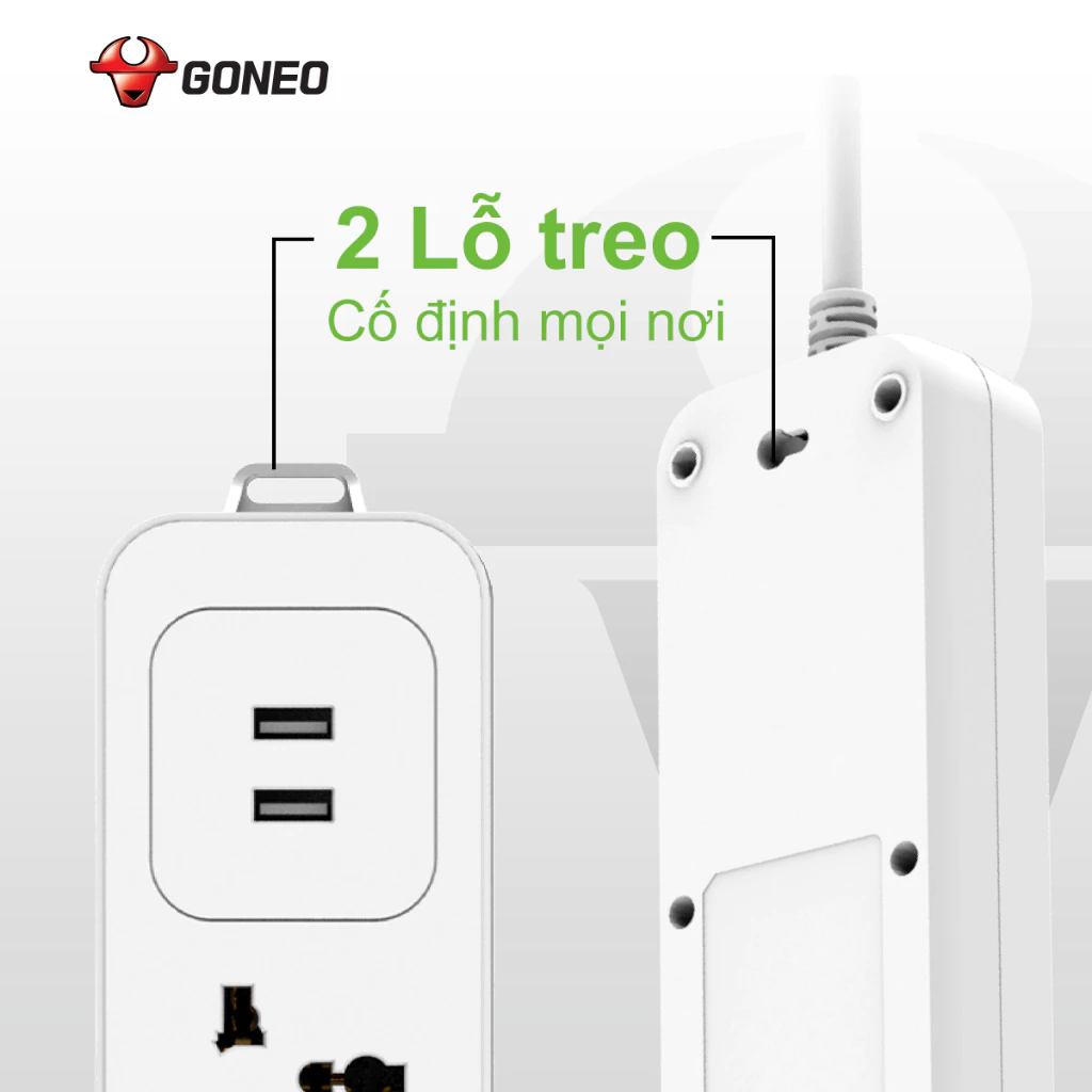 Ổ Cắm Điện Chống Cháy GONEO 3 Ổ Đa Năng + 2 USB 1 công tắc 2500W/10A Dây Dài 1.8m – N103U