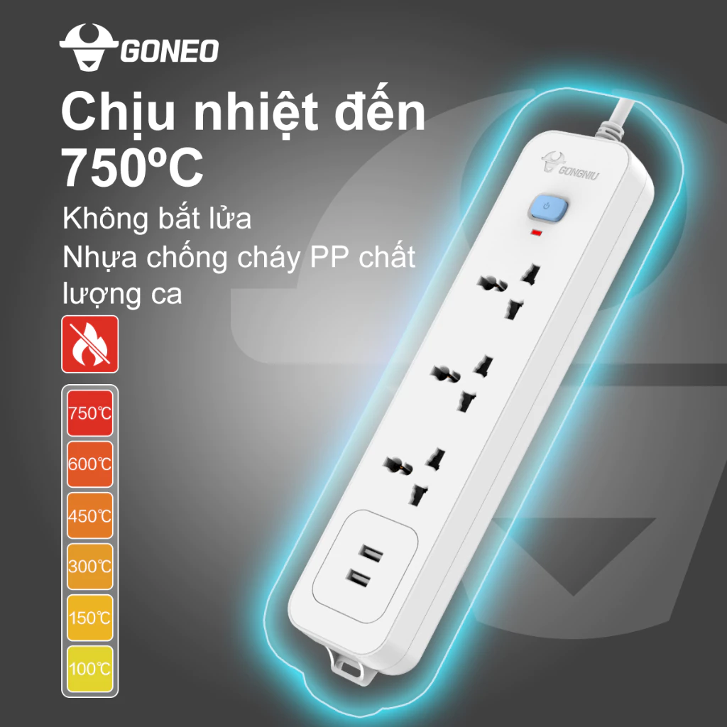 Ổ Cắm Điện Chống Cháy GONEO 3 Ổ Đa Năng + 2 USB 1 công tắc 2500W/10A Dây Dài 1.8m - N103U