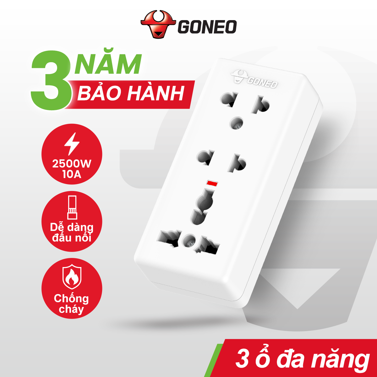 Ổ Cắm Điện GONEO W0210 - 3 Cổng An Toàn